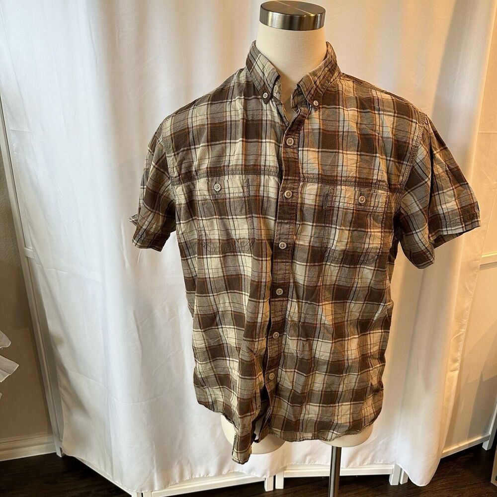 GH Bass & Co. Men Button Up Shirt XXL Brown Plaid Short Sleeve Pockets Cotton